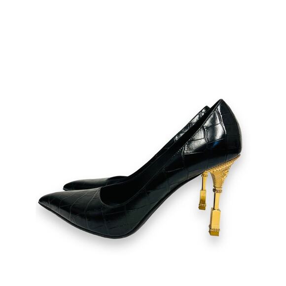 BALMAIN Black Leather Croc-Embossed MONETA Pointed Gold Heel Pumps 39 US 9 - Picture 5 of 10